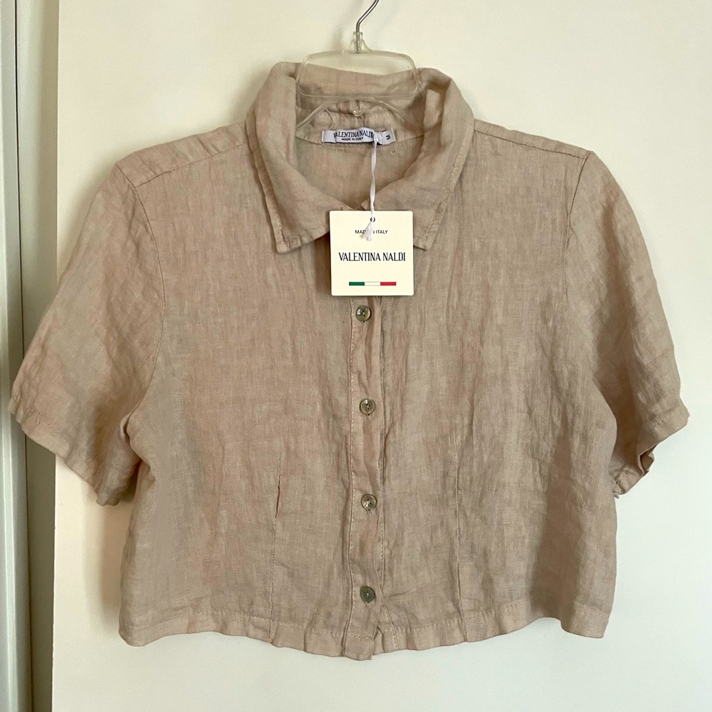 M- Valentina Naldi Italy- Linen Short Sleeve Button Down Shirt Beige NWT! - Picture 4 of 10